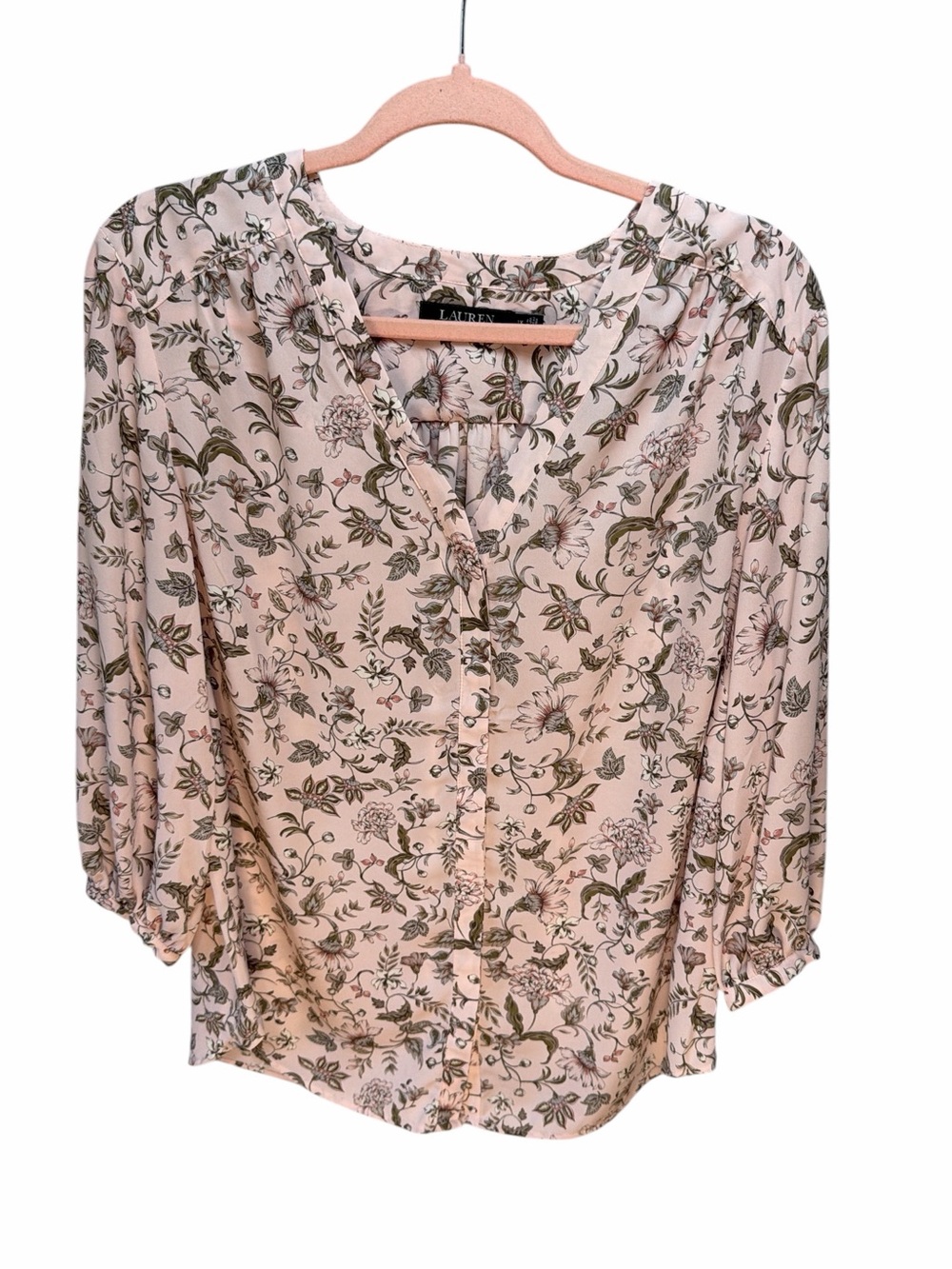 Lauren Ralph Lauren Cream Blouse with Olive Green‎ Floral Print Size 1X